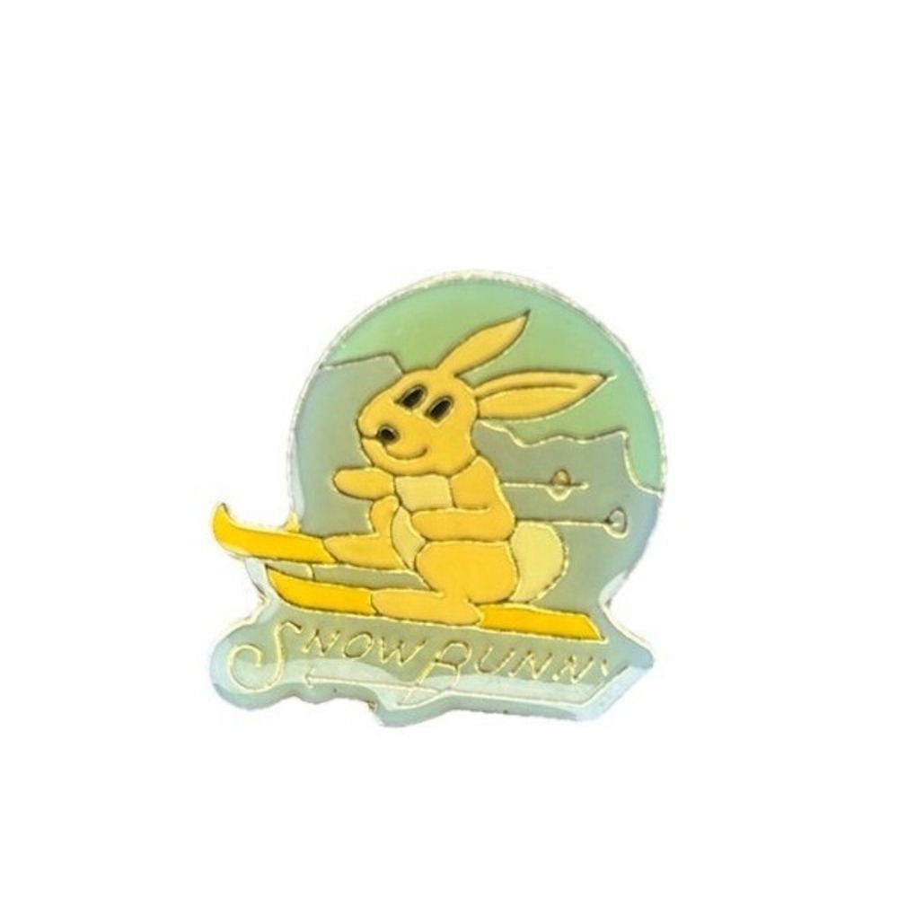 VTG Enamel Lapel/Hat Pin - Snow Bunny Skiing (Yellow & Blue Pastel) Ski